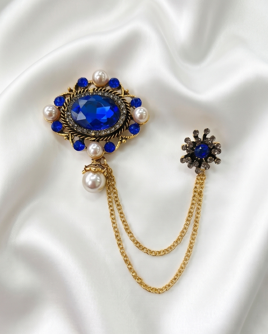 Royal Blue Gemstone & Pearl Lapel Chain Brooch