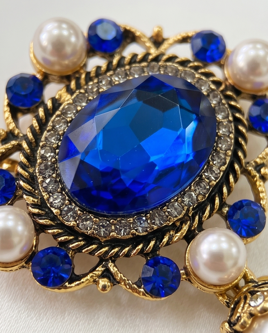 Royal Blue Gemstone & Pearl Lapel Chain Brooch