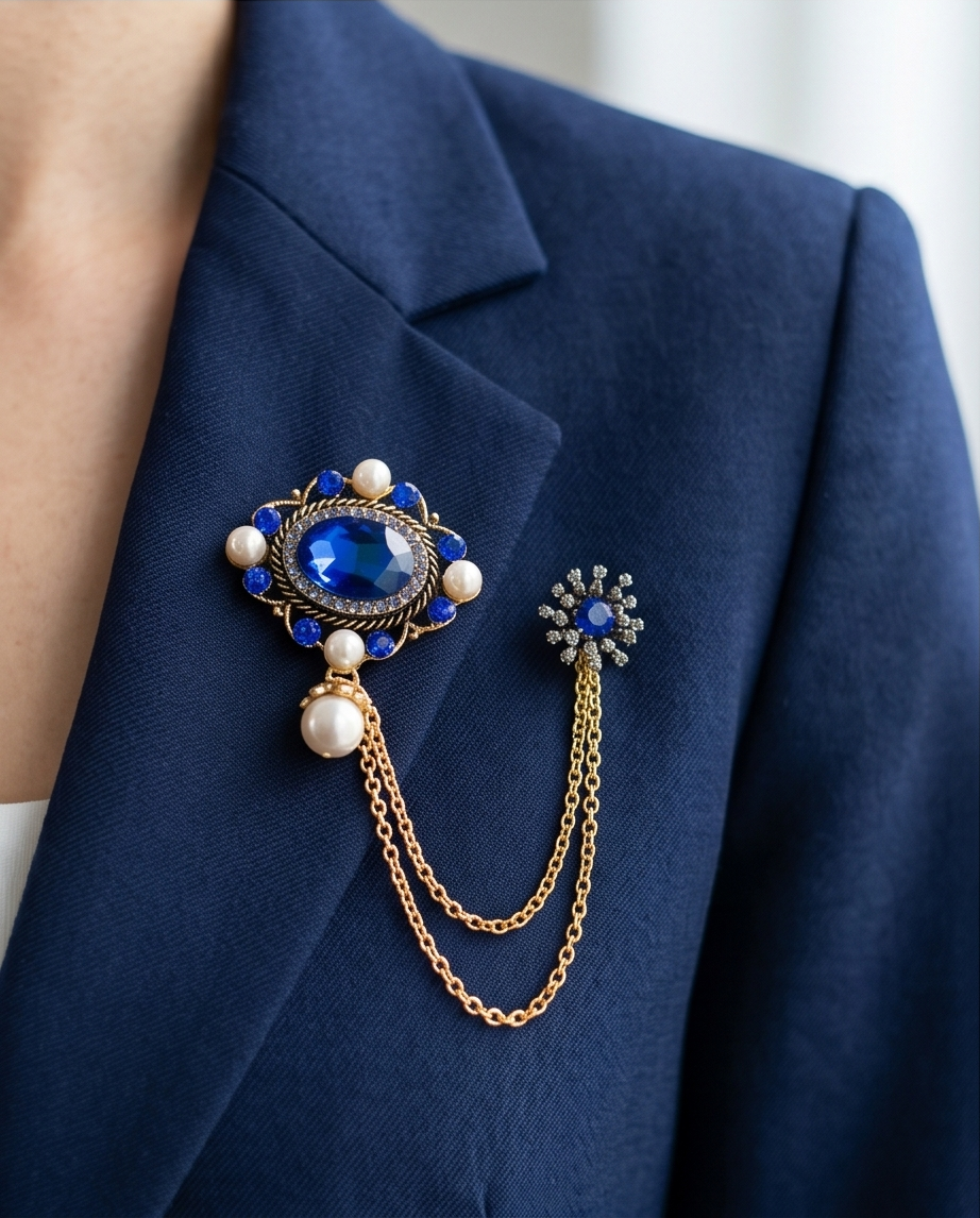 Royal Blue Gemstone & Pearl Lapel Chain Brooch