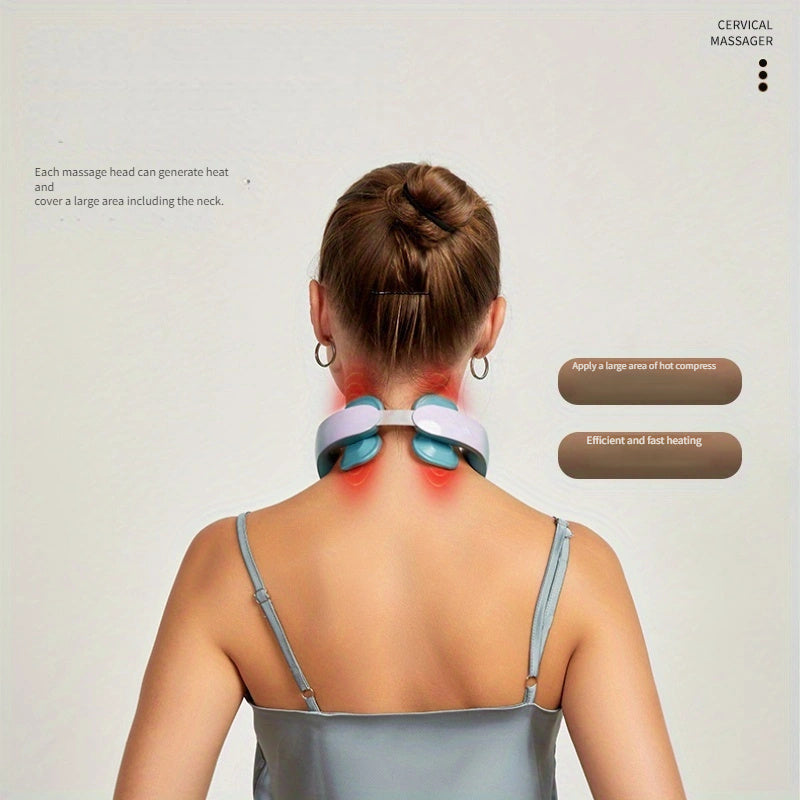 Usb Rechargeable Neck & Head Vibration Device - Luxury 4-Head Heating Vibration Device(Blue)