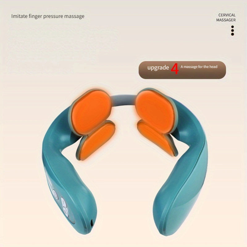 Usb Rechargeable Neck & Head Vibration Device - Luxury 4-Head Heating Vibration Device(Blue)