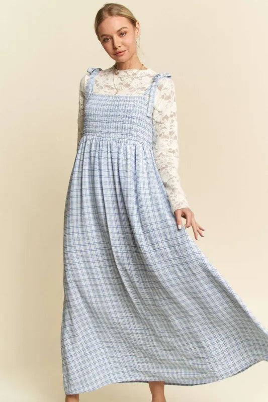 Davi & Dani Plaid Smocking Sleeveless Maxi Dress
