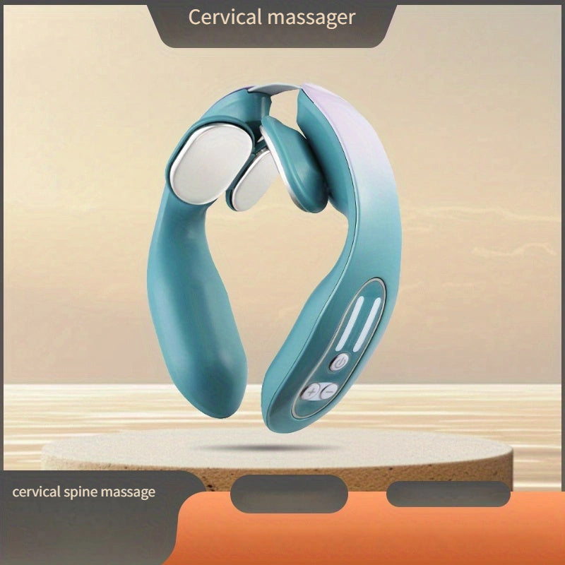 Usb Rechargeable Neck & Head Vibration Device - Luxury 4-Head Heating Vibration Device(Blue)
